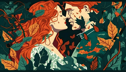 couple in love kissing in the middle of nature, romance, valentine's day, vector illustration