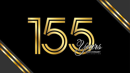 155th anniversary logo design with double line. Gold color numbers with silver text. Logo Vector Illustration