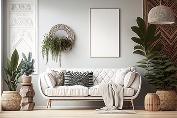 Living Room, A Wall Mock-Up in a Scandi-Boho Interior 3D Render