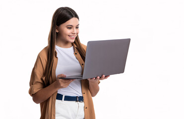 positive girl use laptop for shopping online. teen girl with pc for shopping online in studio.