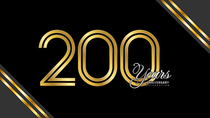 200th anniversary logo design with double line. Gold color numbers with silver text. Logo Vector Illustration