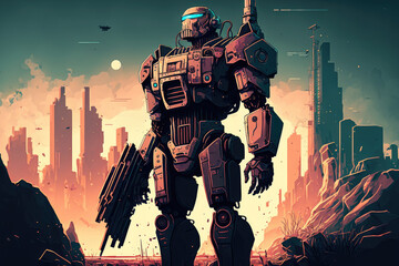 Fototapeta premium The android patrolman is an illustration of a science fiction scene with an armored military robot with a laser weapon guarding the ruins of a futuristic metropolis. Generative AI