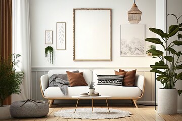 Style to Living Room A Wall Mock-Up in a Scandi Boho Interior 3D Render