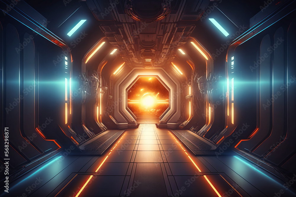 Poster corridor spaceship futuristic sci-fi tunnel passageway with glowing shiny neon lights ,futuristic sc