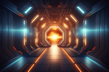 Corridor spaceship futuristic sci-fi tunnel passageway with glowing shiny neon lights ,futuristic sci-fi background hight resolution , ,3D illustration