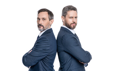 leader businessmen partners back to back. leadership of leader businessmen partners in studio
