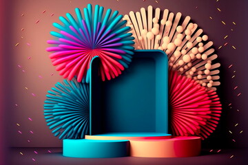 Paper slice podium and neon fireworks. Concept scene stage showcase for new product Generative AI