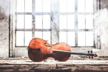 A cello on its side in an grunge industrial environment with smoke in the air