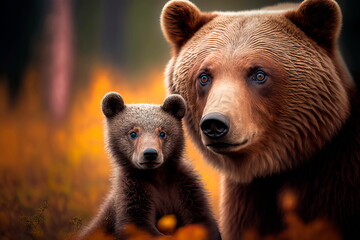 Obraz premium Beautiful female bear with a bear cub in the taiga Generative AI