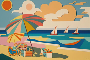 Fototapeta na wymiar Beach scene with boats and umbrella, generative ai illustration
