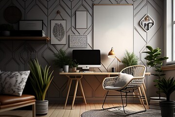 The Boho Chic Vibe with Home Office with Computer A Wall Mockup 3D Render