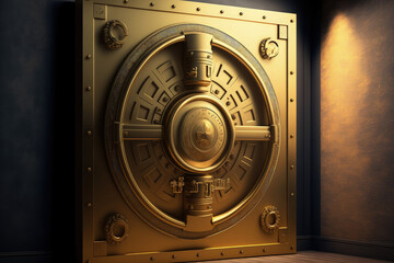 Golden vault door artwork with a safe symbol on a golden backdrop. Generative AI
