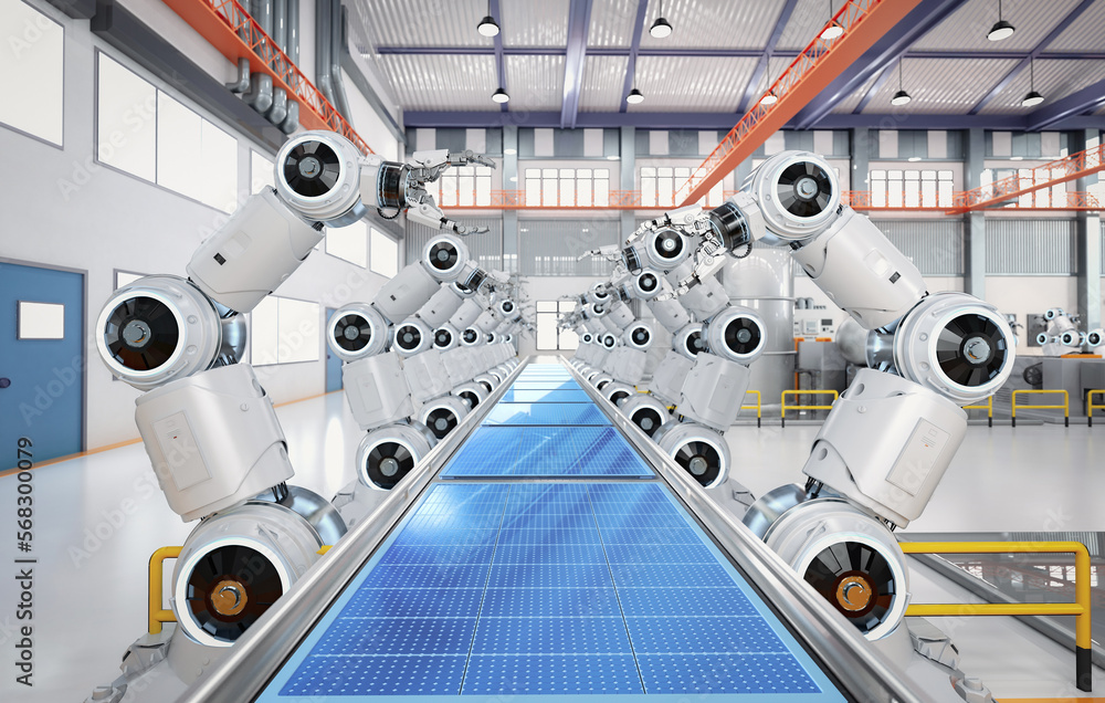 Poster automation factory with robot assembly line produce solar panels
