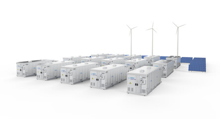 Amount of energy storage systems or battery container units with solar and turbine farm © phonlamaiphoto