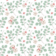 Seamless pattern with cotton flowers and twigs.
