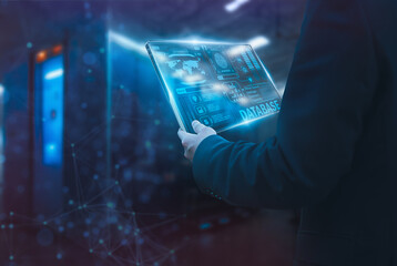 Engineer programmer futuristic in server database network information room,diagnostics and maintenance system,data center server checking hardware and software,with artificial intelligence or AI