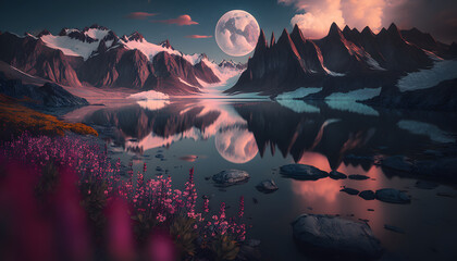 glacier mountain landscape with flowers and lake in beautiful sunset with full moon