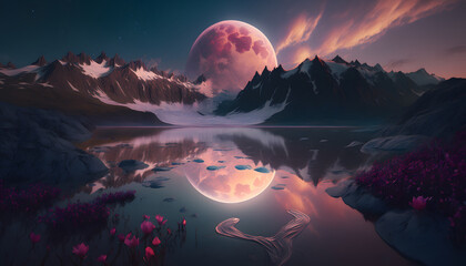 glacier mountain landscape with flowers and lake in beautiful sunset with full moon