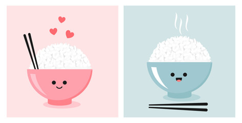 Rice bowls with chopsticks and red hearts on pink and blue background vector illustration. Cute cartoons food.