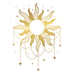 Plakat Golden boho sun richly decorated with jewelry, heavenly magic symbol, mythology, mystical sticker, witch tattoo. Vector line illustration isolated on white.