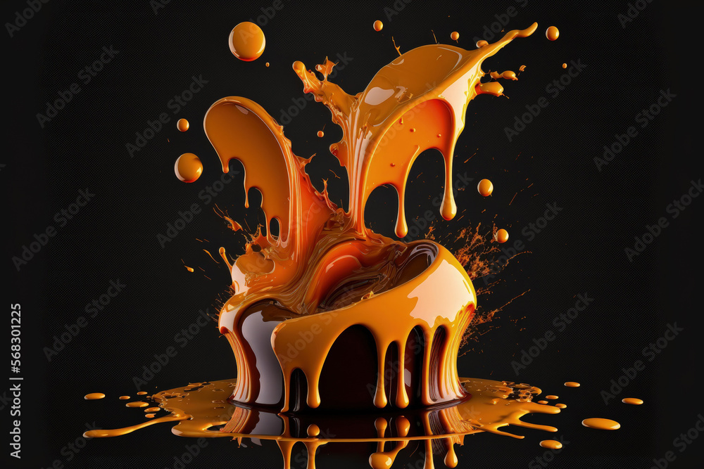 Poster on a black background, molten caramel explodes in a splash with fragments of caramel. generative ai