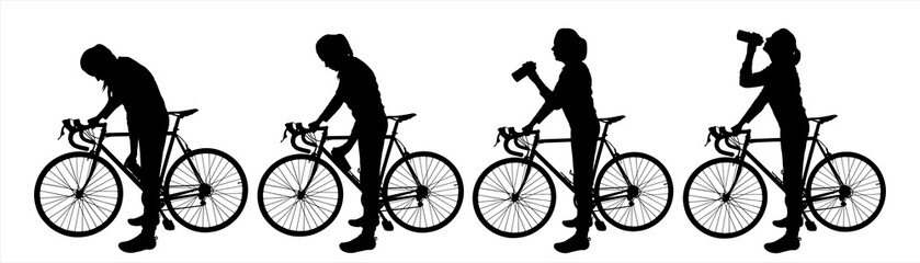 Obraz premium A woman, a girl with a bicycle in her hands, stopped to drink water from a bottle. For motion animation. A group of cyclists. Cycling. Side view. Four black female silhouettes isolated on white