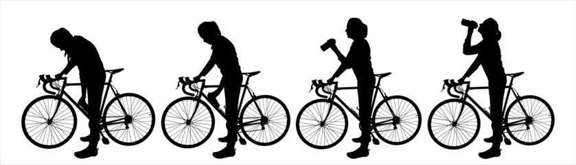 A woman, a girl with a bicycle in her hands, stopped to drink water from a bottle. For motion animation. A group of cyclists. Cycling. Side view. Four black female silhouettes isolated on white