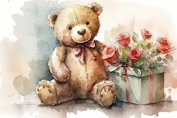 Teddy Bear Sitting Holding Flowers Presents Valentines Day. Generative Ai