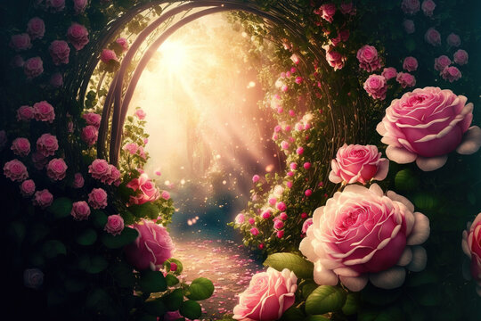 Fantasy pink Roses Flowers grow and Road leads forward in Fabulous Mystical Paradise Garden. Mysterious Fairy Tale Summer floral backdrop with glistening sun Rays. Generative AI