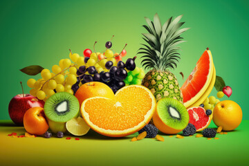 Assorted fresh fruits on a vibrant background. Concept of natural nutrition with vitamins. Generative AI