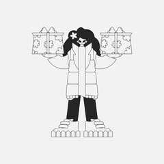 A stunning woman is holding a gift box. Newspaper style character.