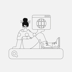 Charming woman holds a browser in her hands. Newspaper style character.