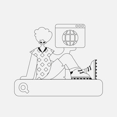 Charming man holds a browser window in his hands. Black and white style.