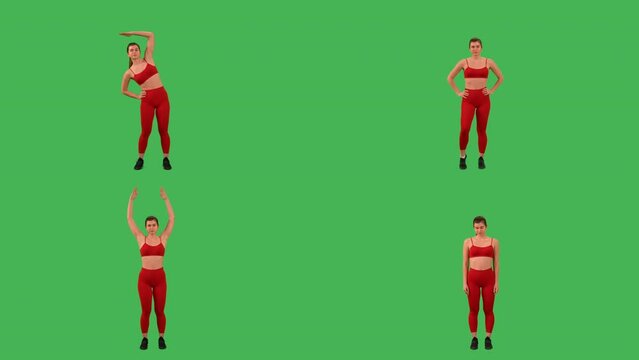 collage sport workout woman doing stretch exercises dressed red top Isolated on Green Screen