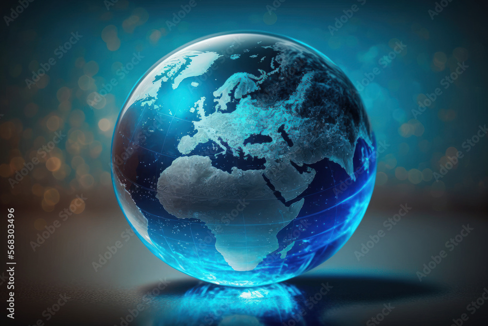 Aufkleber global idea. blurred world map with a blue globe. generative ai