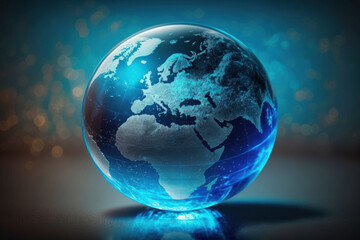 global idea. Blurred world map with a blue globe. Generative AI