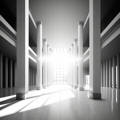 Modern, huge, concrete material, empty hall with many columns and big white glowing windows, wallpaper, sterile, made with Generative AI