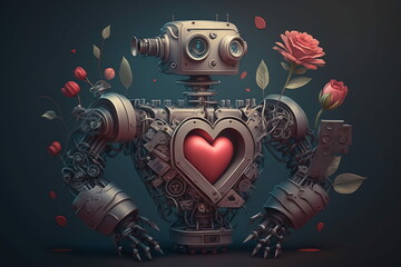 Valentine's Day-themed artwork that combines traditional romantic symbols (hearts, flowers, etc.) with modern technology, such as robots