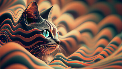 Psychedelic  Cat with Striped Pattern