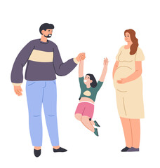 Family life, expectant mother and dad with kid