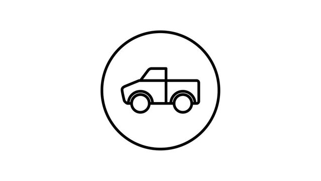 Pickup truck black and white line icon vector illustration in a circle, for web use for transportation, farm, countryside, video animation, self drawing.