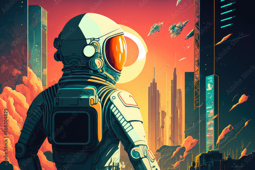 Aufkleber standing in front of a futuristic metropolis from a space station is an astronaut. technology and in