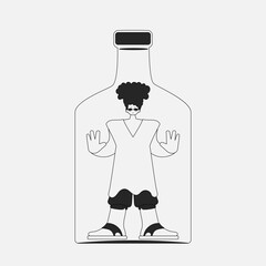Alcohol addiction. the stunning man is in the bottle. Linear black and white style.