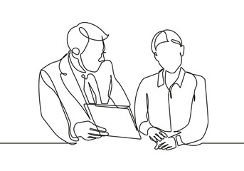 Business Concept Continuous One Line Drawing with Woman and Man Talking. Business People One Line Illustration. Meeting in Office Line Abstract Minimalist Contour Drawing. Vector EPS 10