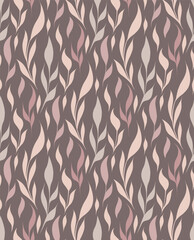Seamless pattern with delicate branches and stems with foliage in pastel color on dark background. Vector flat gentle natural texture