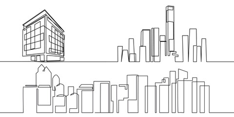 City Panorama Continuous One Line Drawing. Skyscrapers Contour Illustration. City Landscape Modern Minimalist One Line Drawing. Vector EPS 10