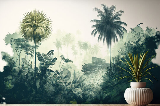 hazy woodland with tropical trees and foliage wallpaper design . Generative AI