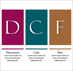 DCF - Discounted Cash Flow Acronym. Infographic template with Icons and description placeholder