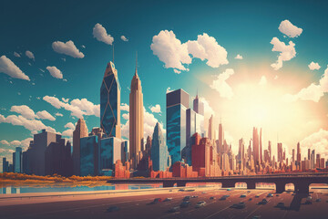 City skyline and backdrop metropolitan scene during the summer. Generative AI