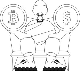 An attractive man is holding a bitcoin and dollar coin. Linear black and white style.